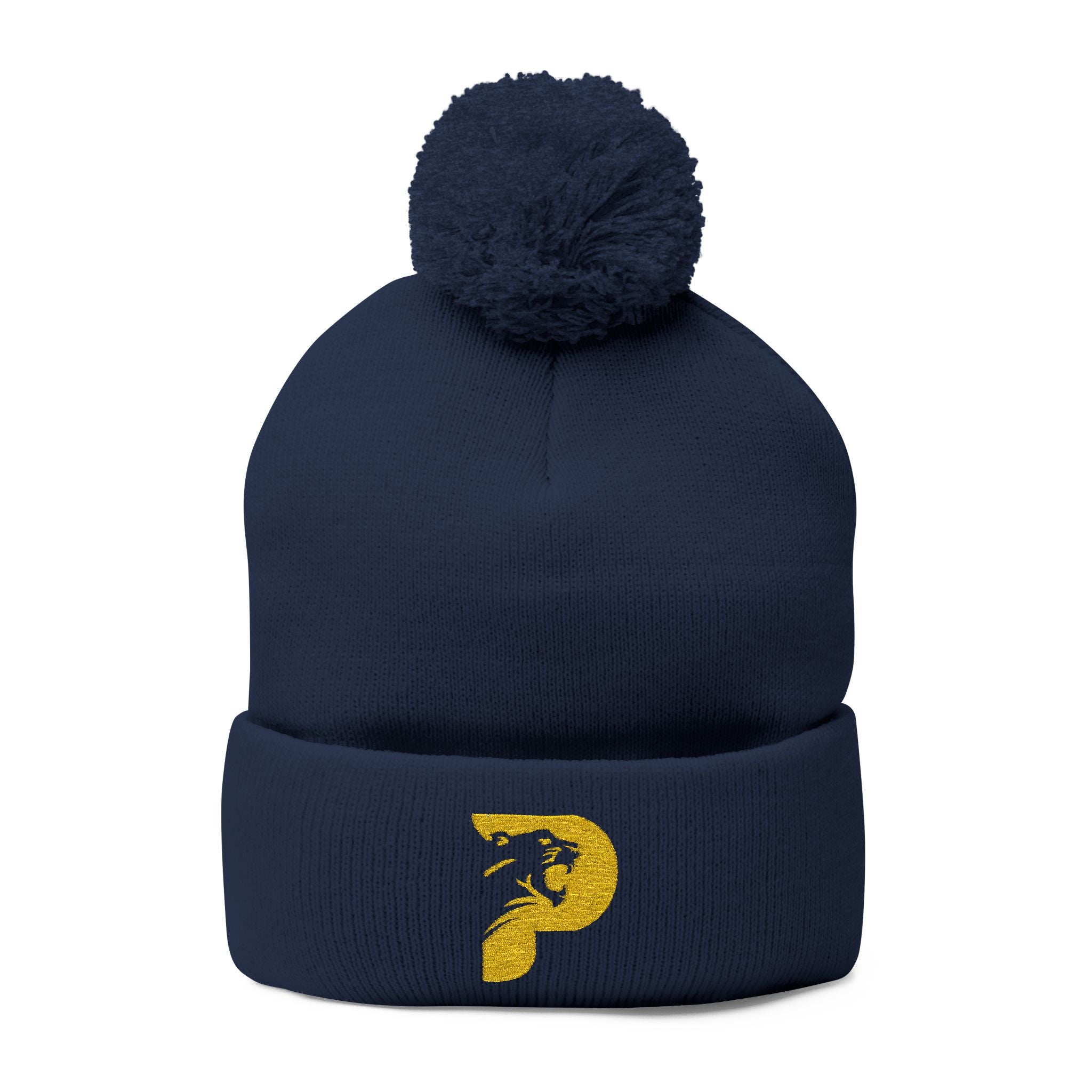 Embroidered Pom-Pom Beanie — Navy Knit Cap with Gold 'P' Logo