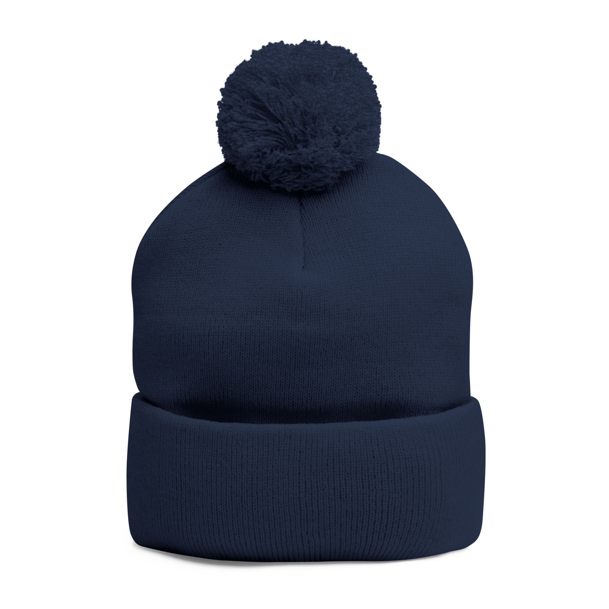 Embroidered Pom-Pom Beanie — Navy Knit Cap with Gold 'P' Logo